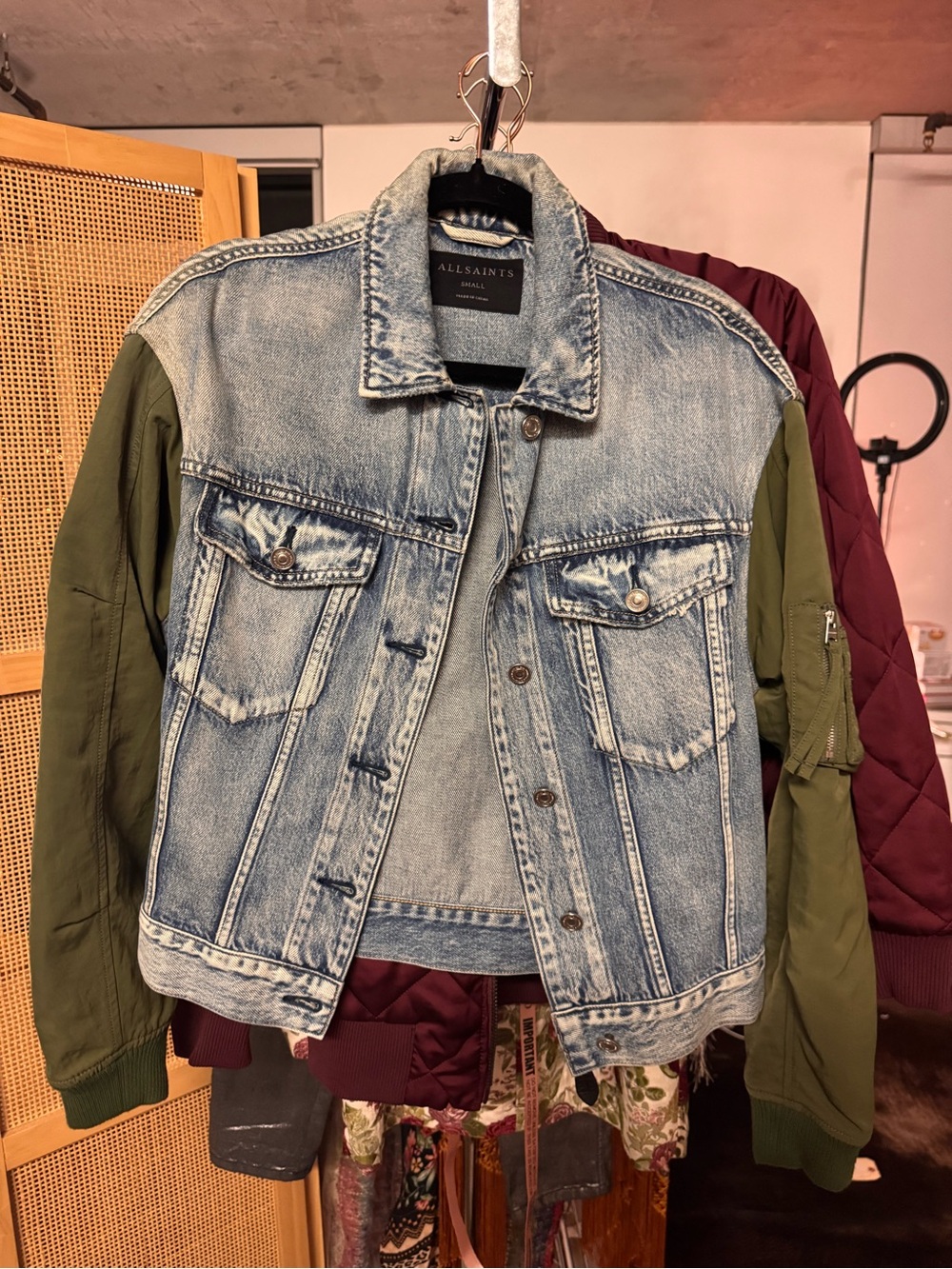 All Saints Two-Tone Denim Jacket with Olive Sleeves - Oversized small